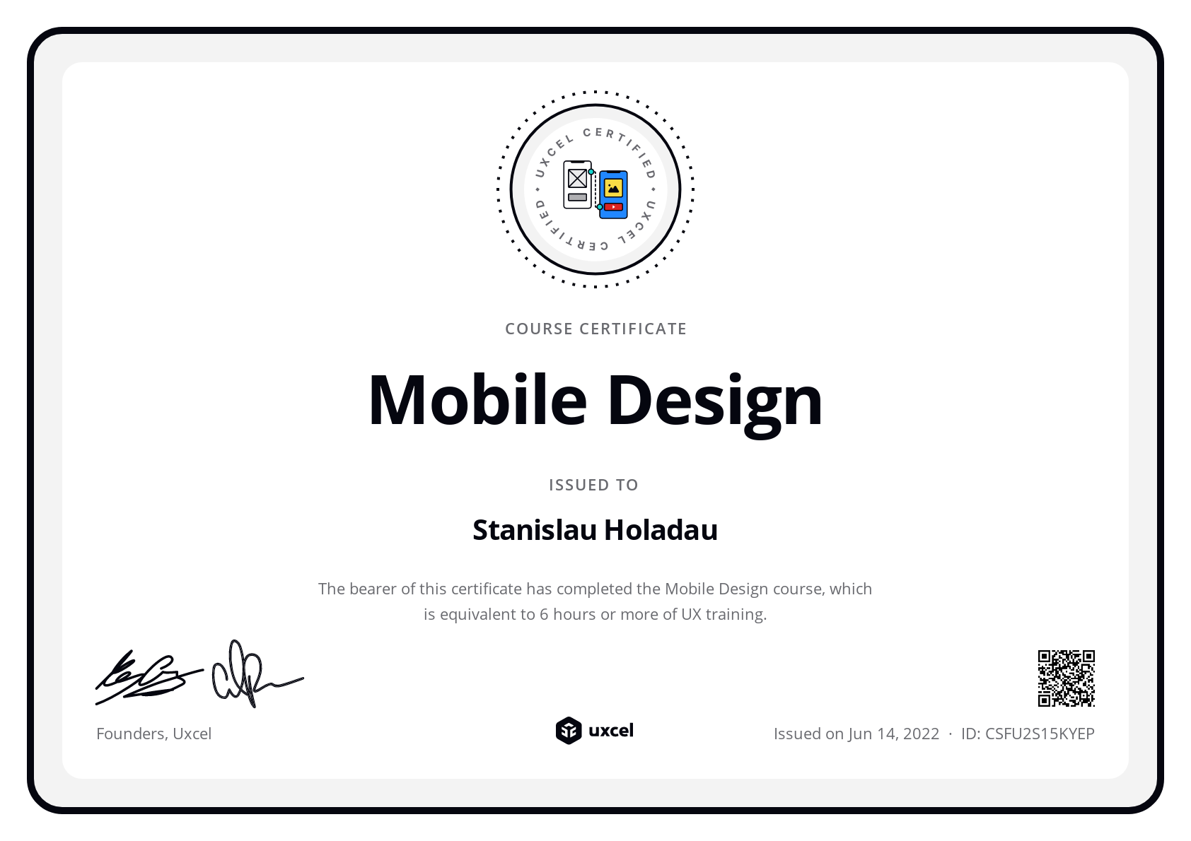 Stanislau Holadau's certificate